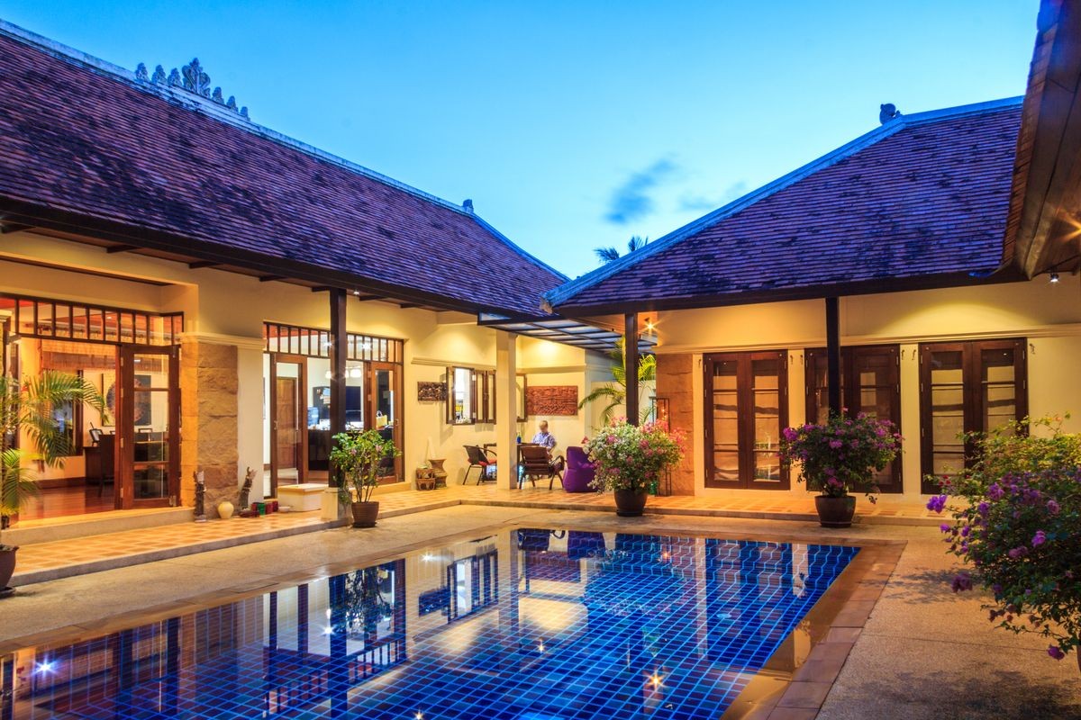 Luxury, tropical villa, Phuket Thailand at twilight